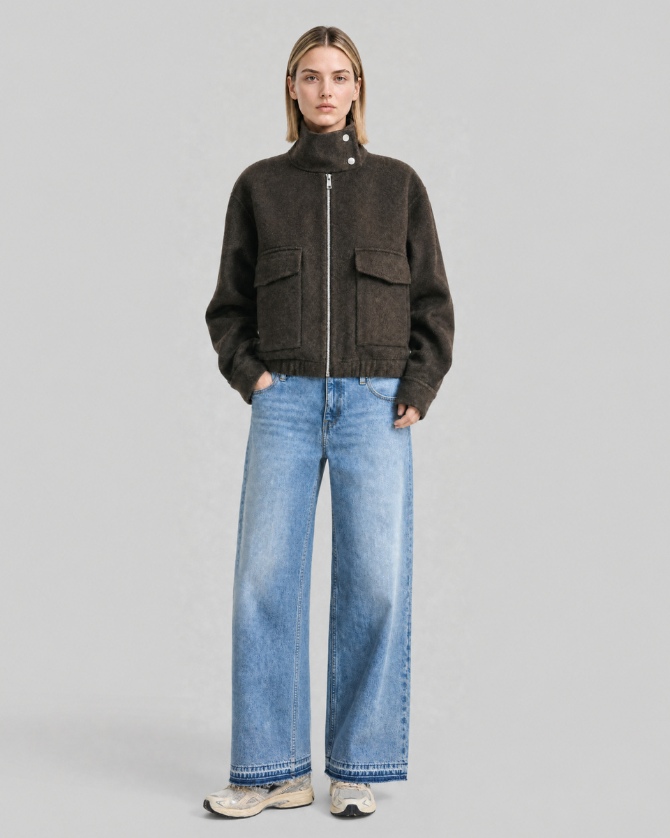 Brown wool jacket with a high collar