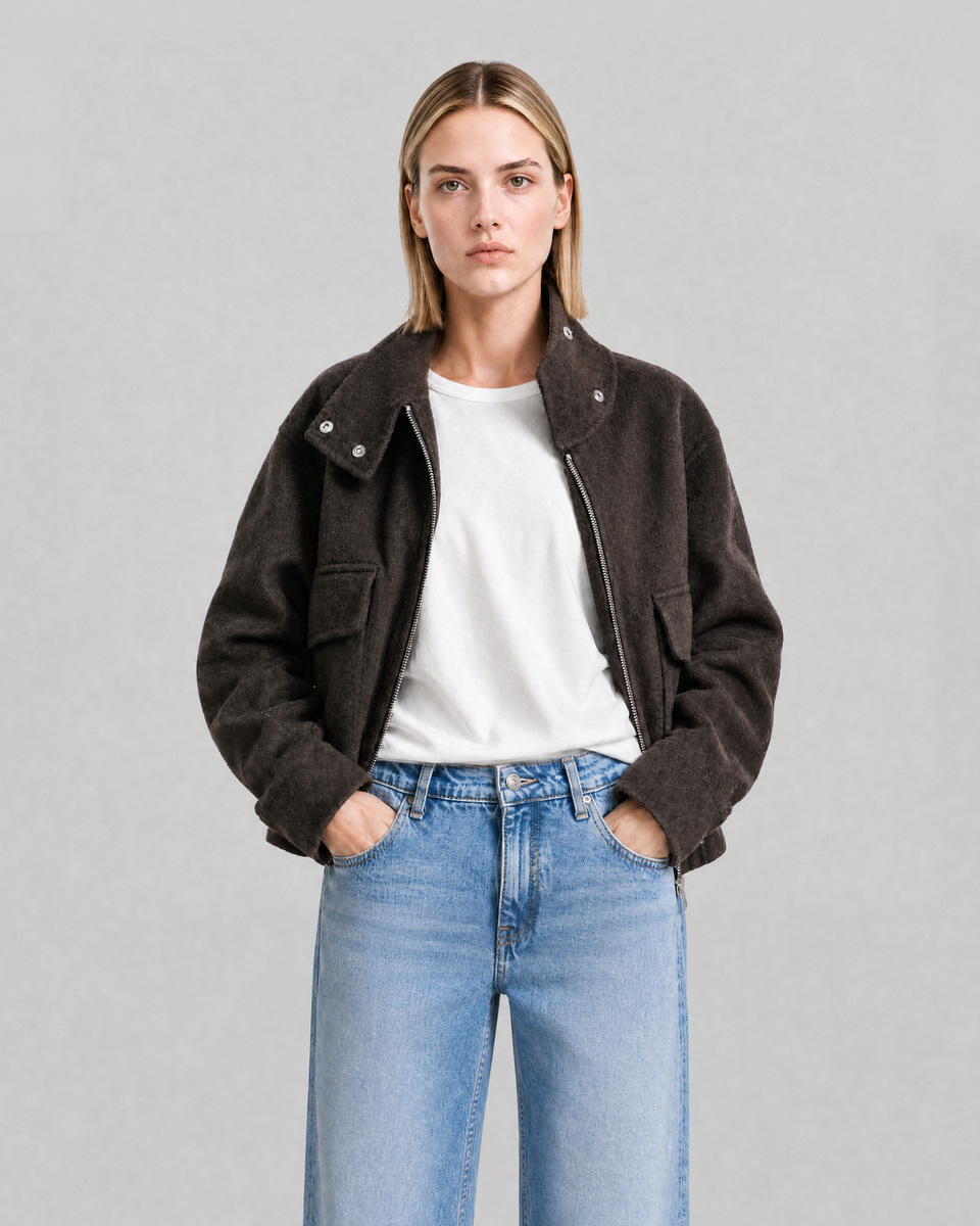 Brown wool jacket with a high collar