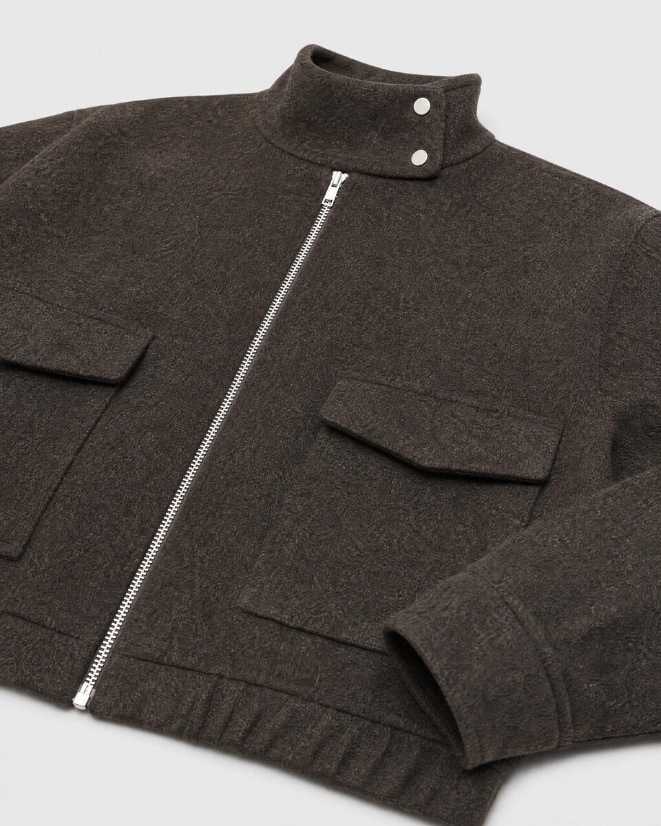 Brown wool jacket with a high collar