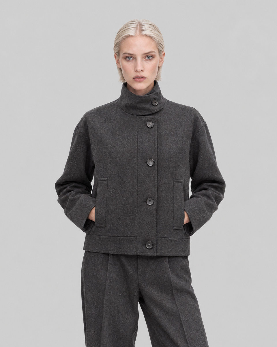 Anthracite Gray Wool Jacket with a Stand-Up Collar