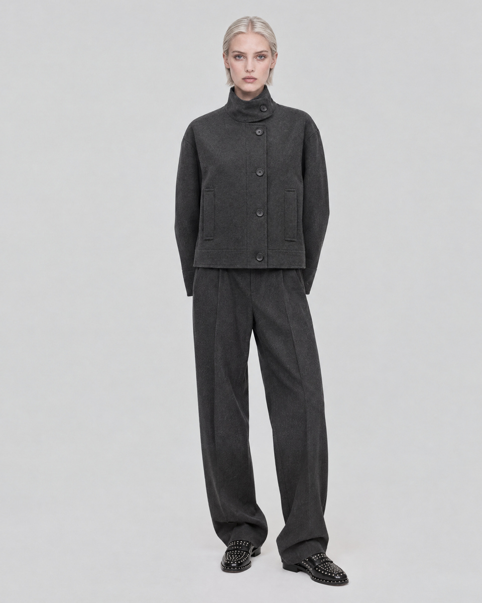 Anthracite Gray Wool Jacket with a Stand-Up Collar