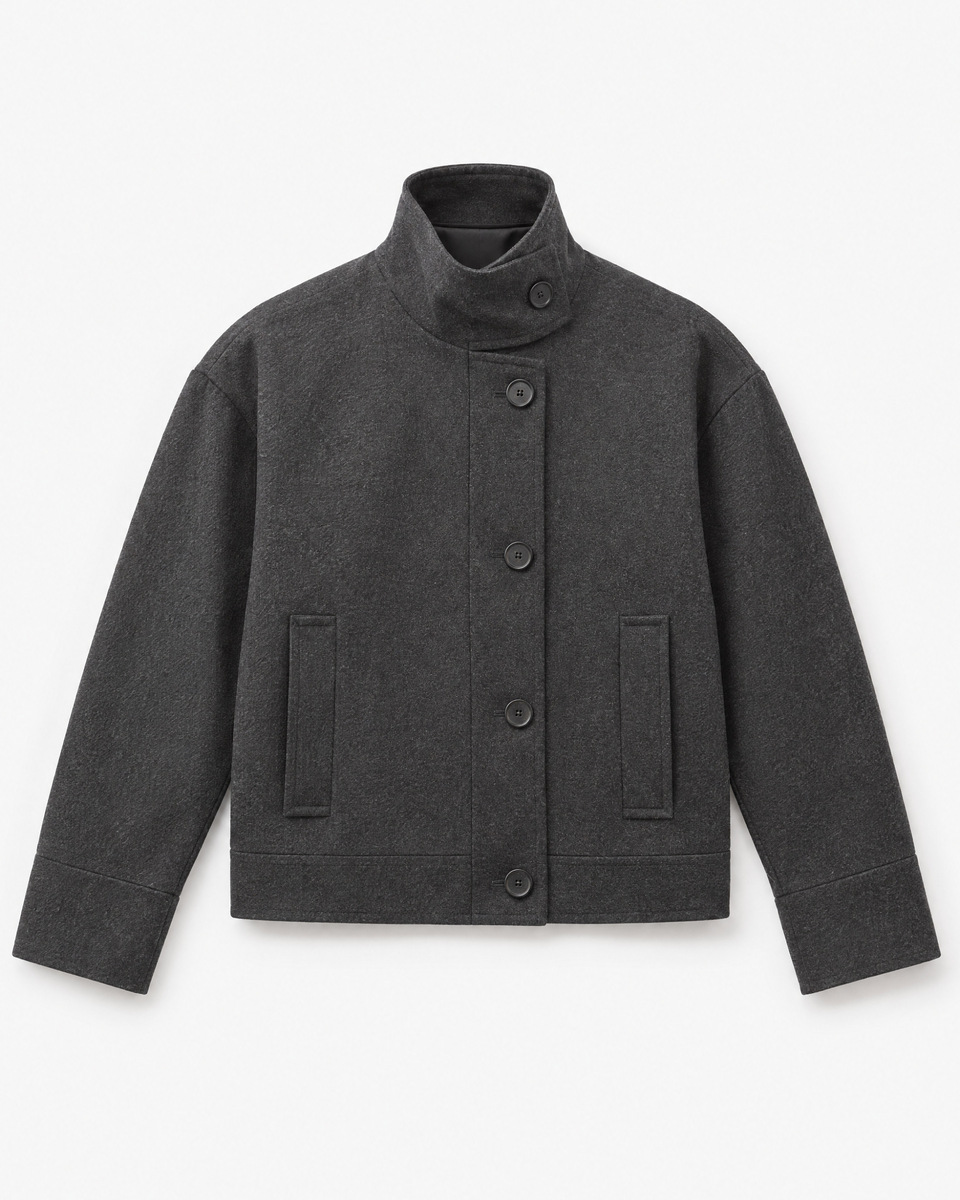 Anthracite Gray Wool Jacket with a Stand-Up Collar