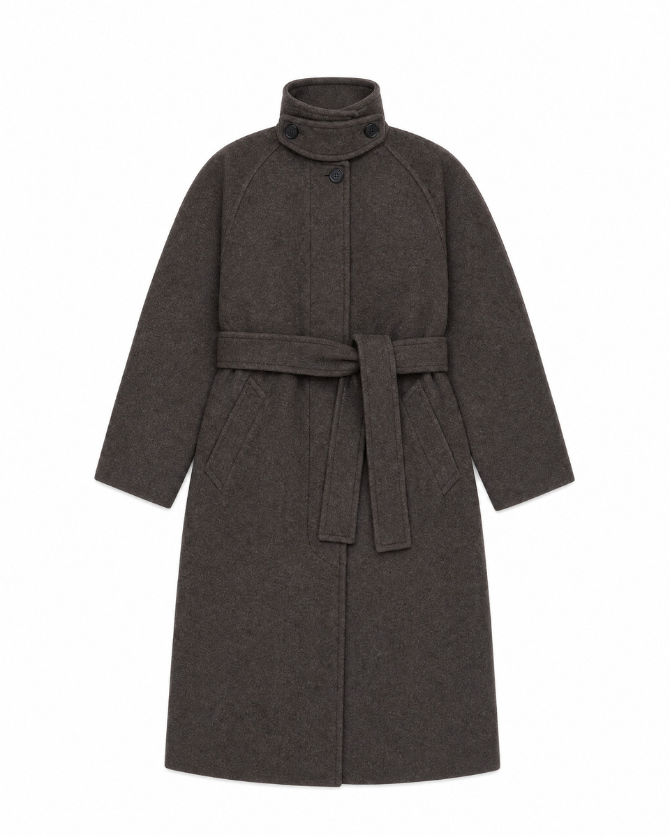 Brown wool-blend coat with a stand-up collar