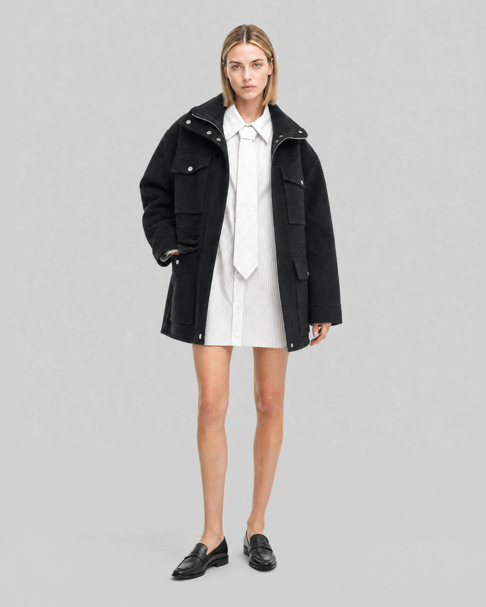 Black Reversible Wool-Blend Coat with High Collar