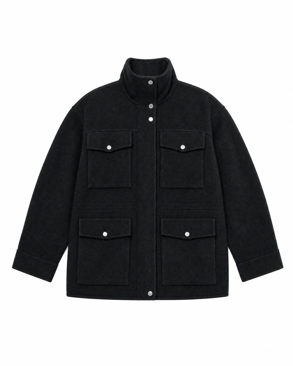 Black Reversible Wool-Blend Coat with High Collar