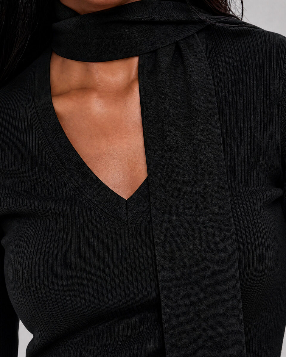 Gray Merino Wool Sweater with a Lavalli&egrave;re Collar
