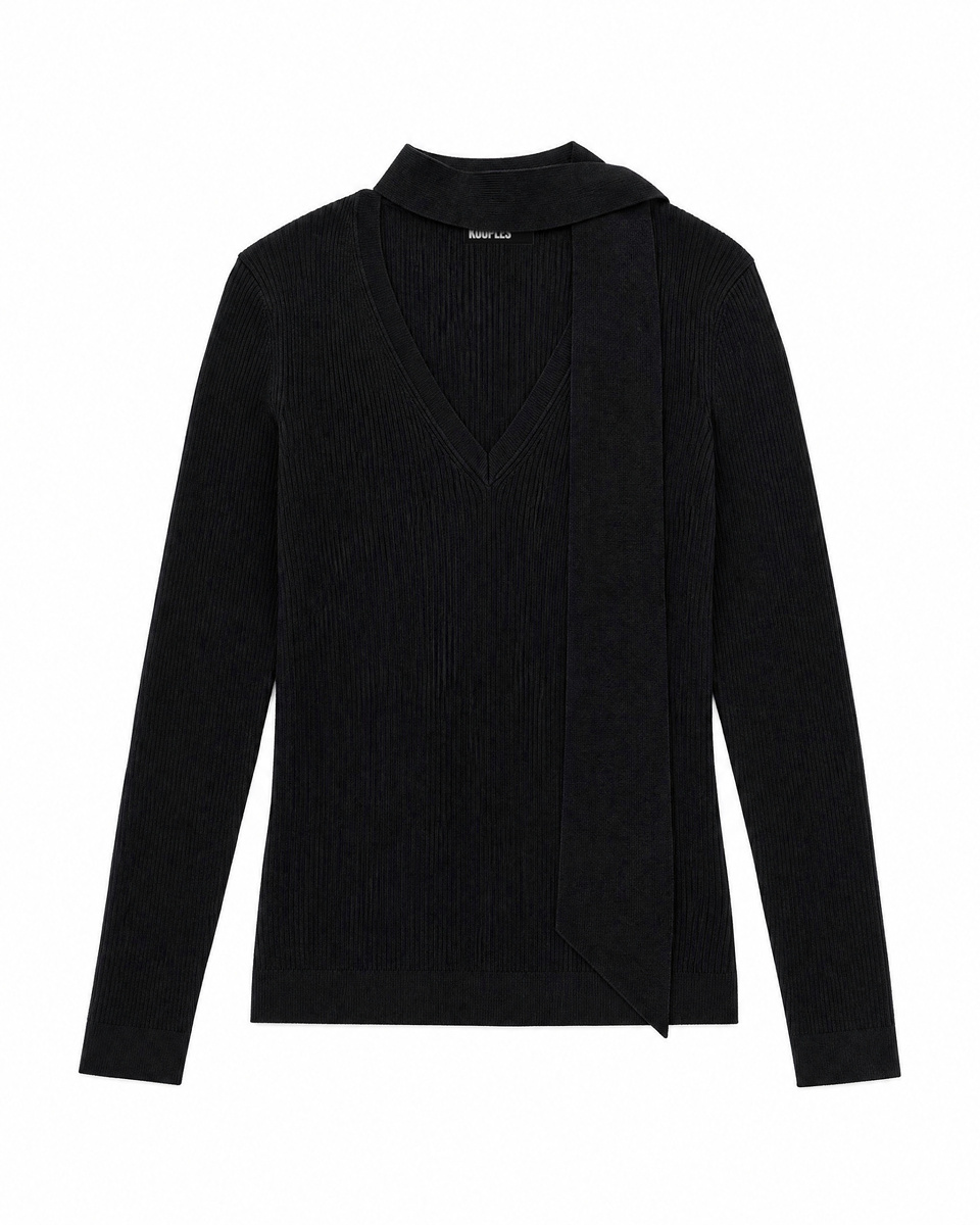 Gray Merino Wool Sweater with a Lavalli&egrave;re Collar