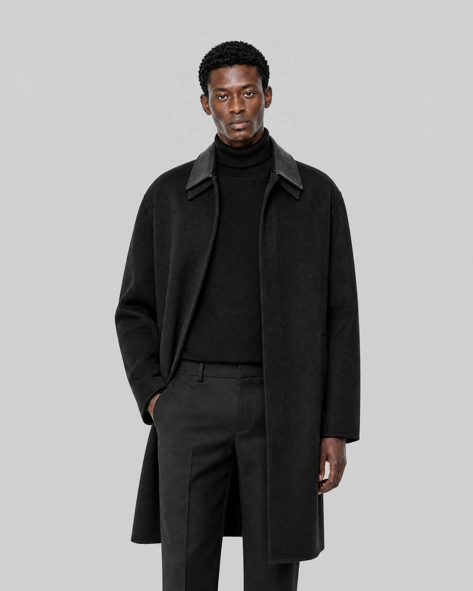 Black Leather-Collar Coat