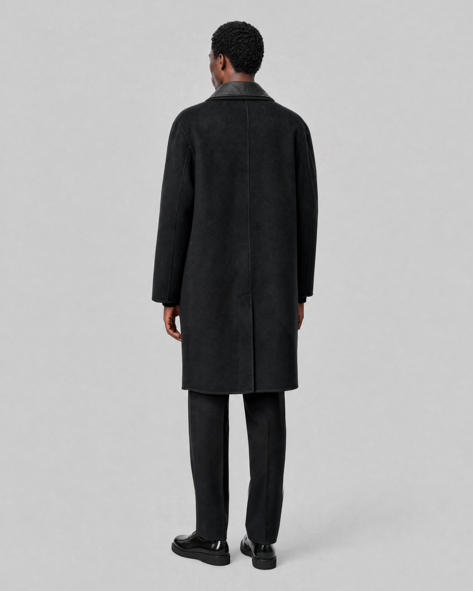 Black Leather-Collar Coat