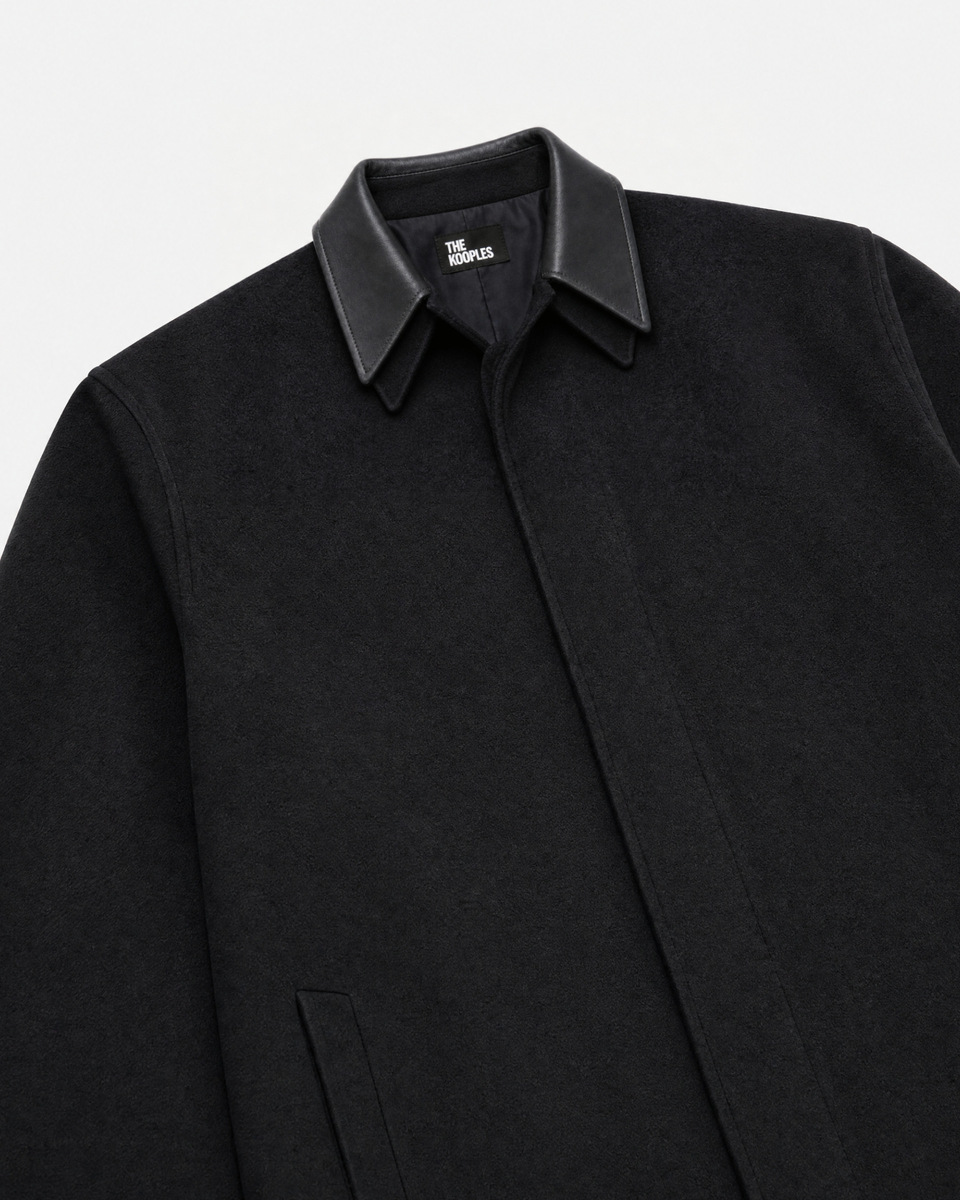 Black Leather-Collar Coat