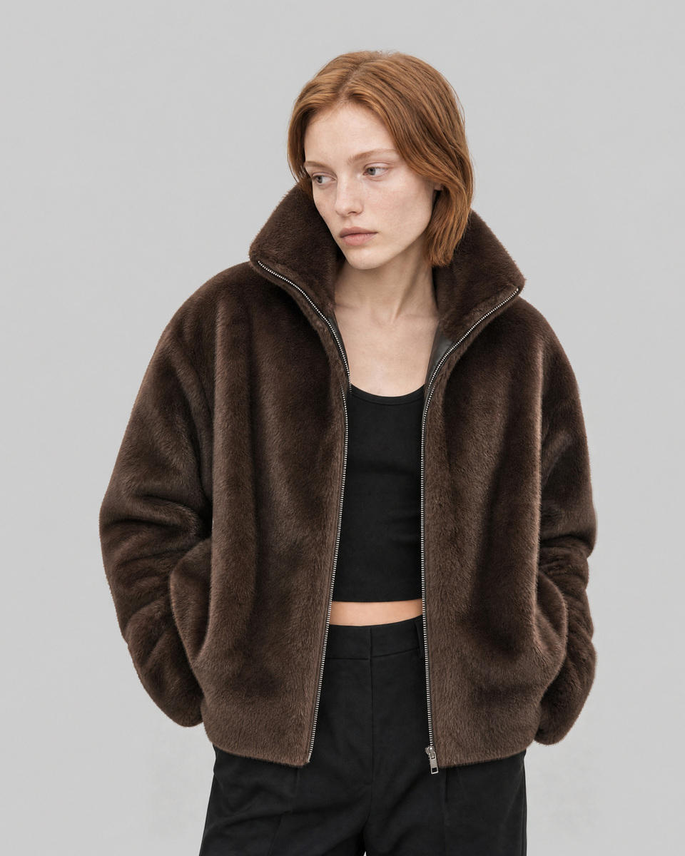 Brown faux fur coat with a zipper