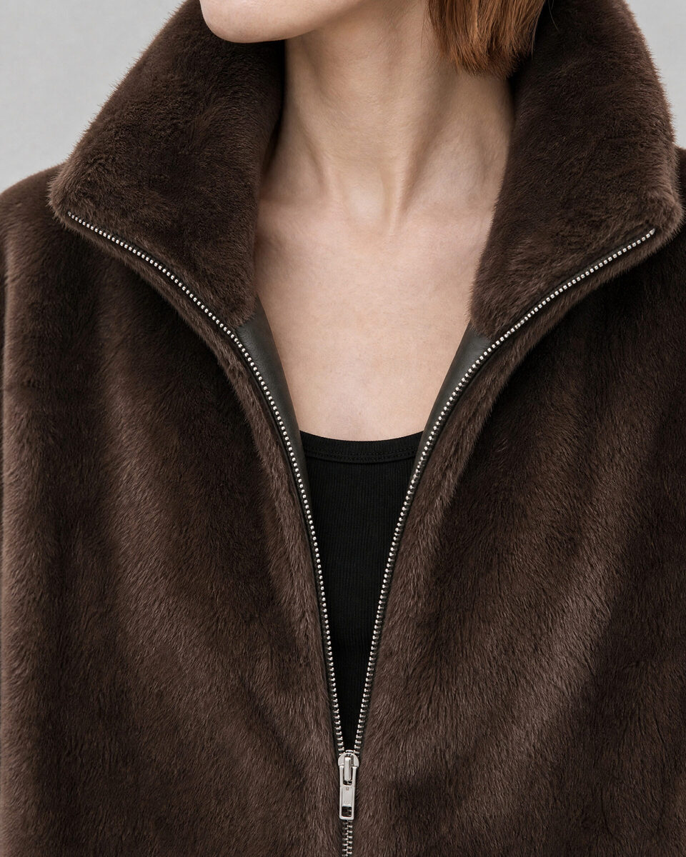 Brown faux fur coat with a zipper