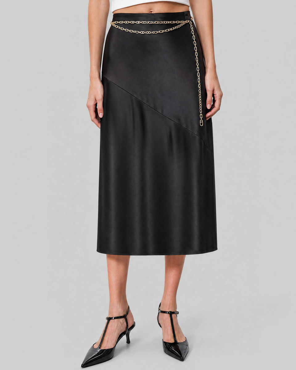 Satin midi skirt with a black and gold chain