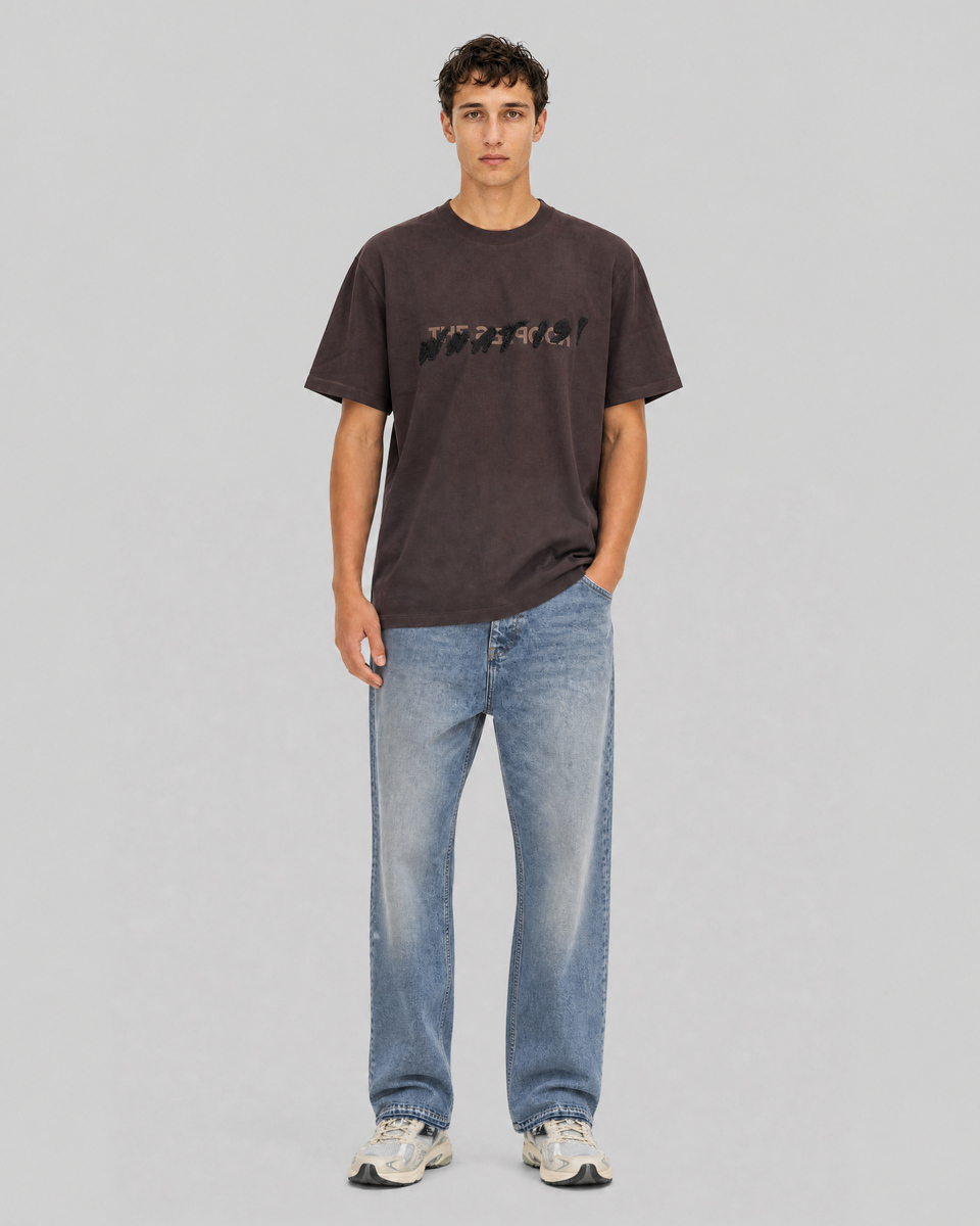 What is brown denim patch t-shirt