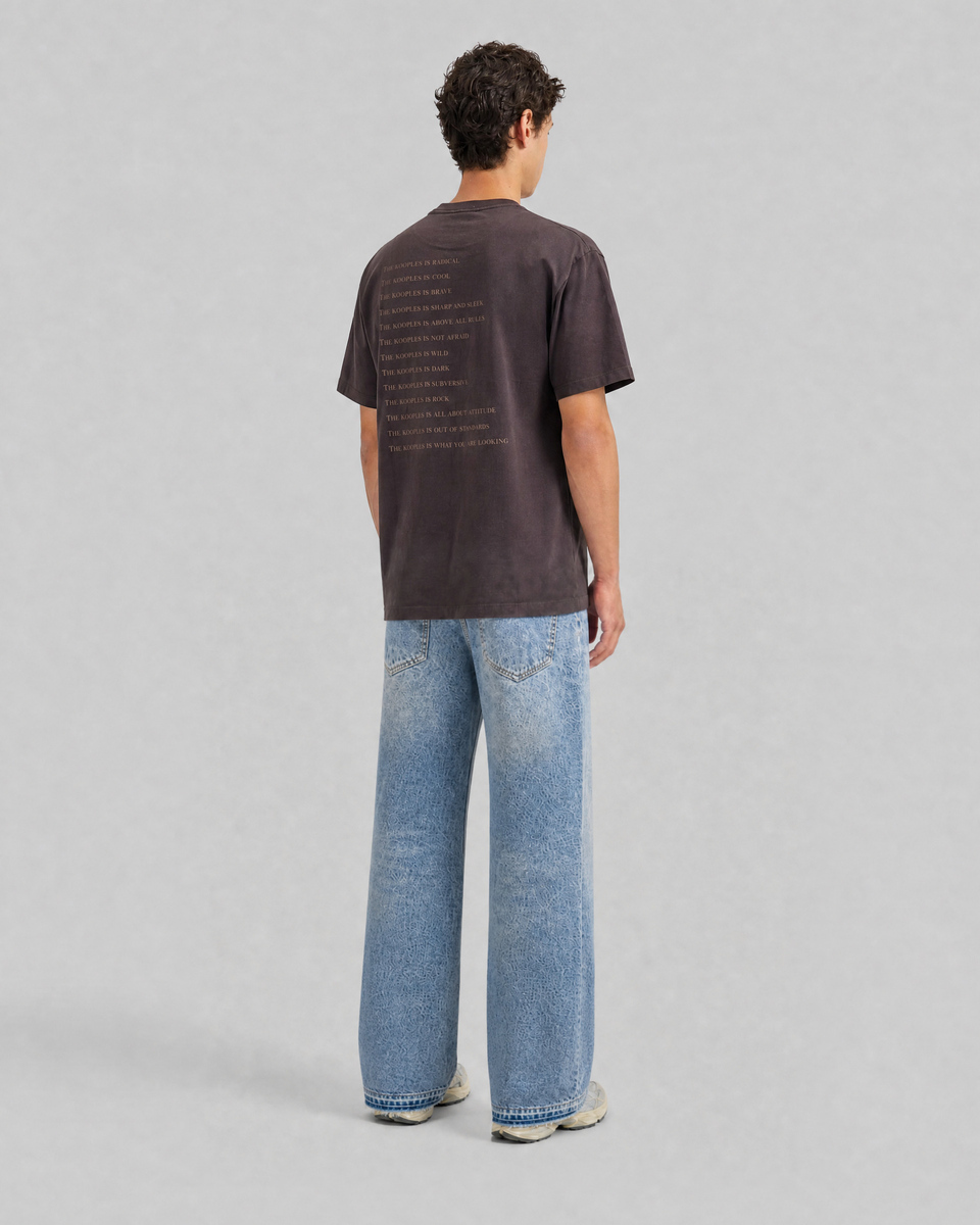 What is brown denim patch t-shirt