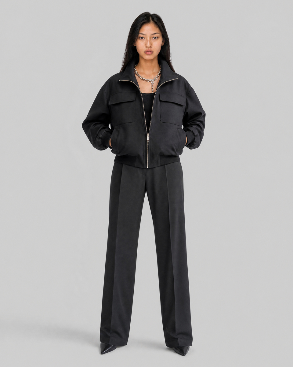 Black wool-blend zip-up jacket