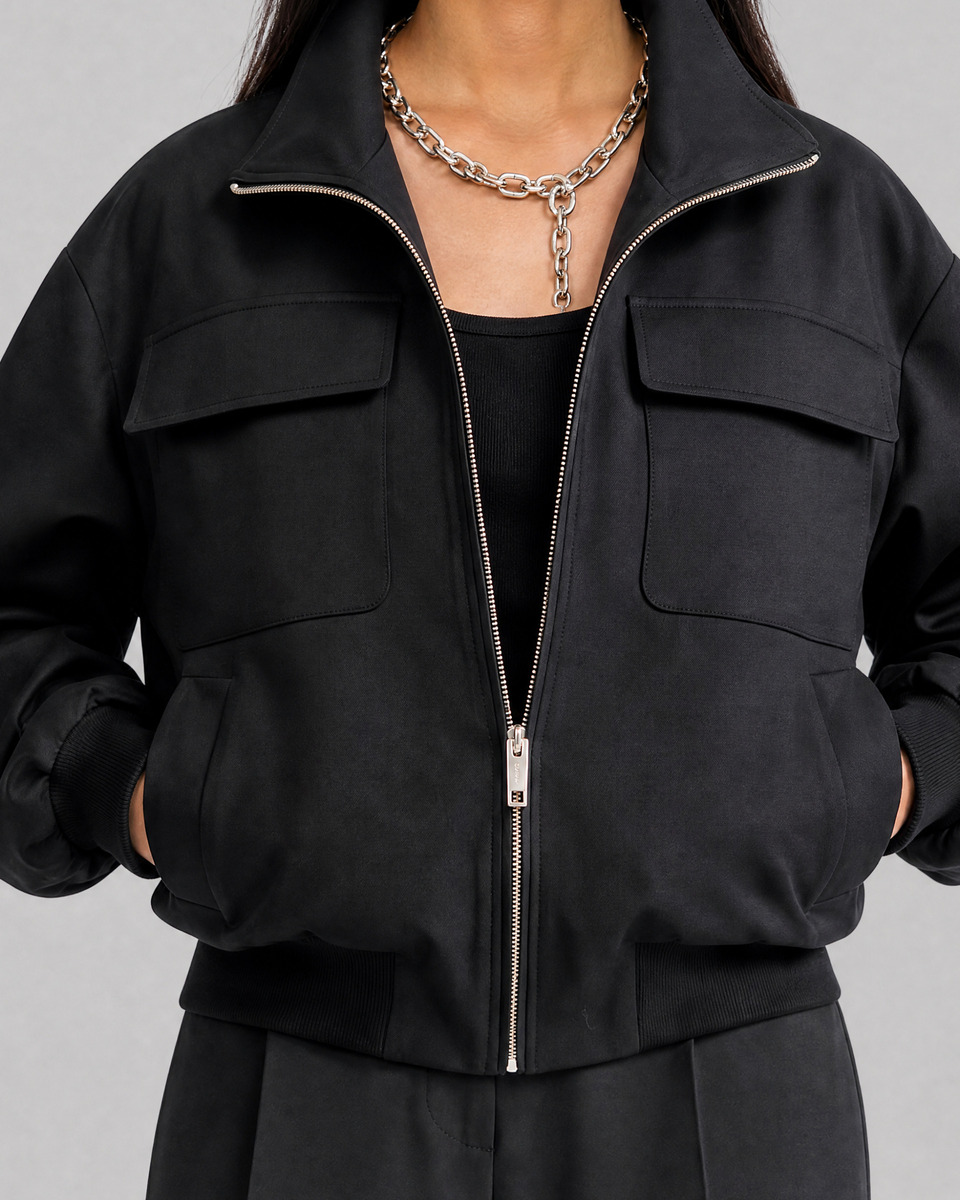 Black wool-blend zip-up jacket