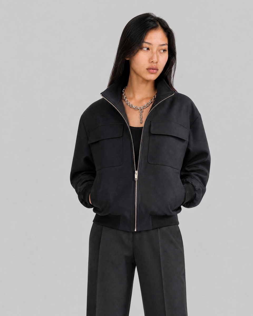 Black wool-blend zip-up jacket