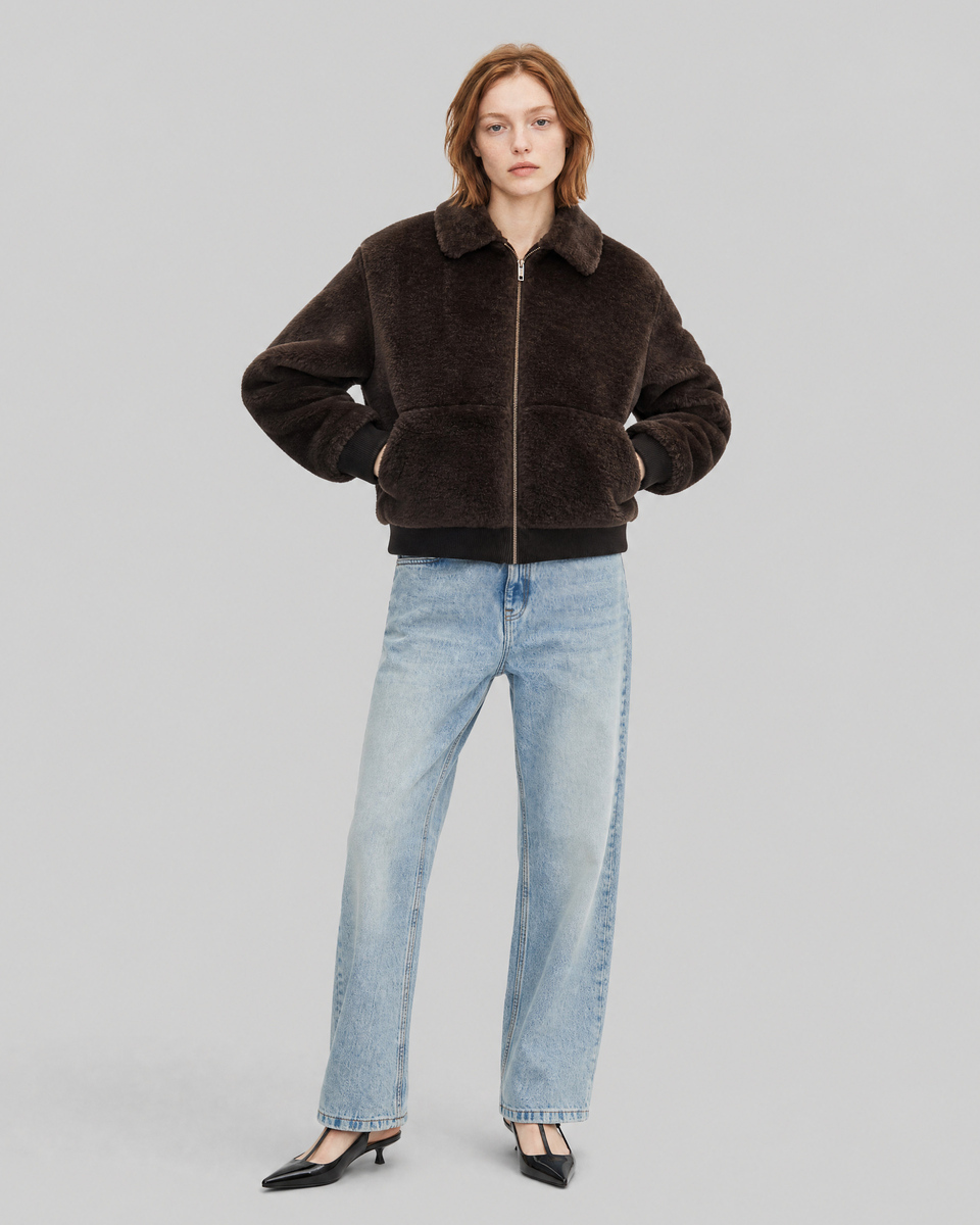 Brown faux fur coat with a zipper