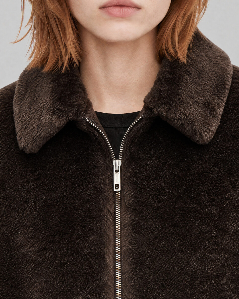 Brown faux fur coat with a zipper