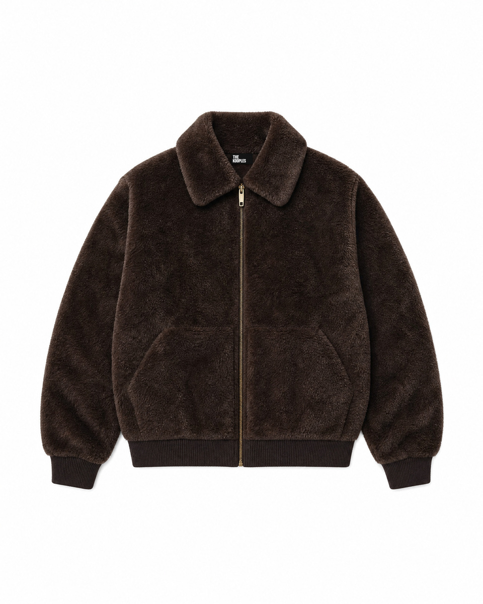 Brown faux fur coat with a zipper