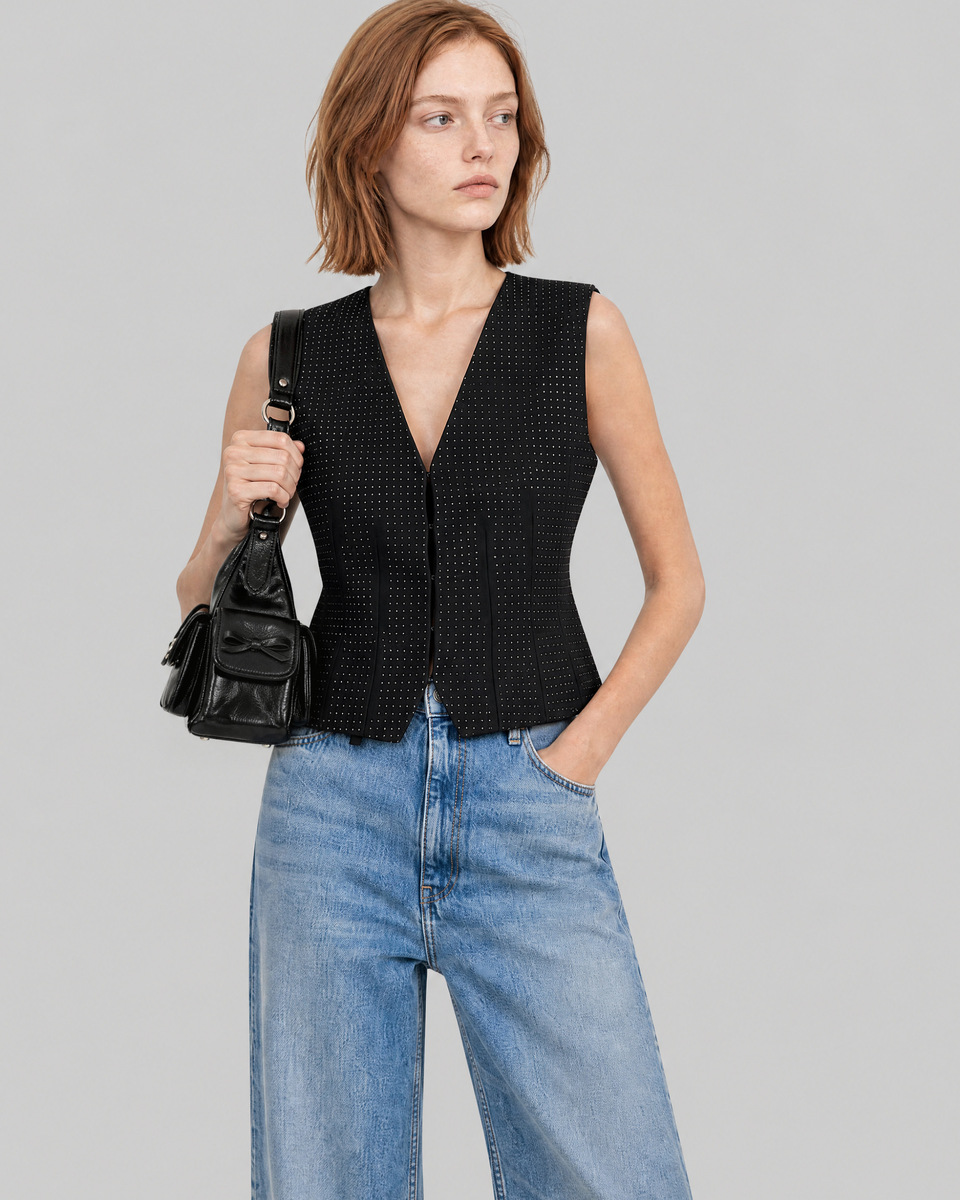 Black Rhinestone-Embellished Wool-Blend Cardigan