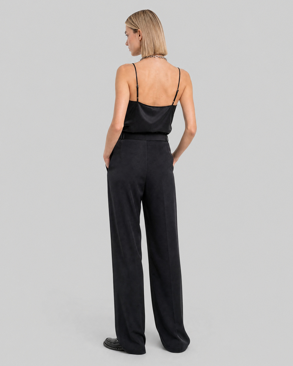 Wide-leg black satin pants