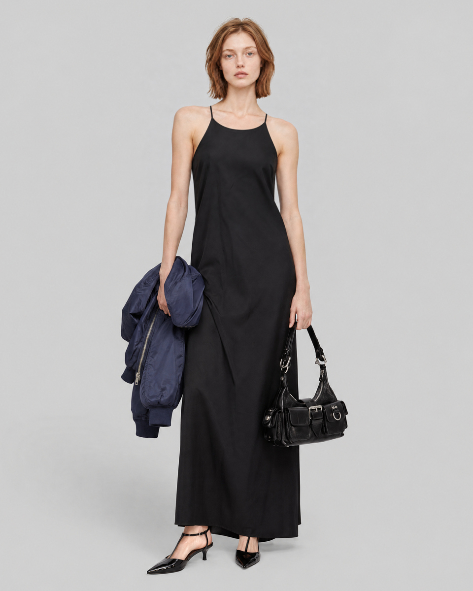Long black satin dress with a crossover back