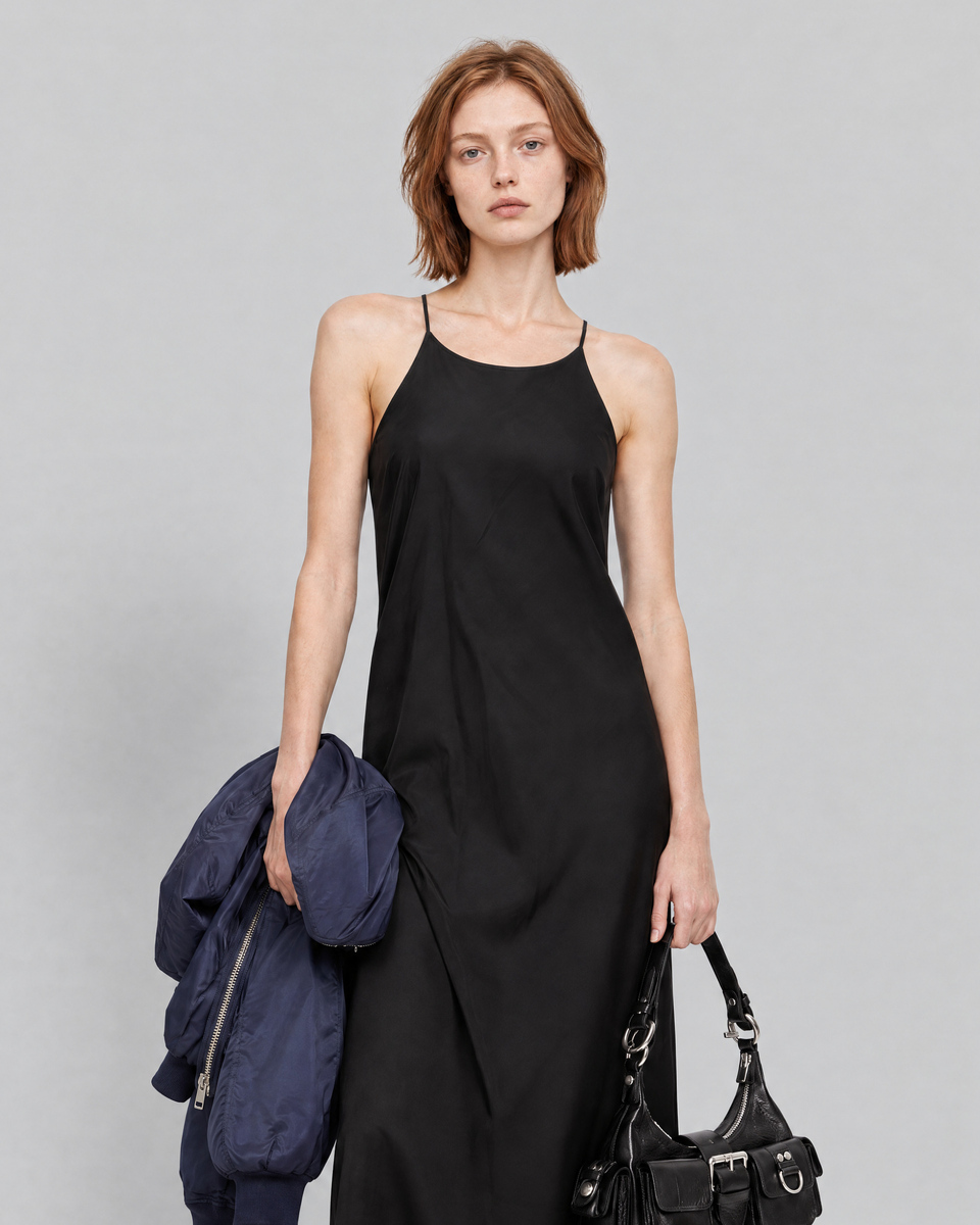 Long black satin dress with a crossover back