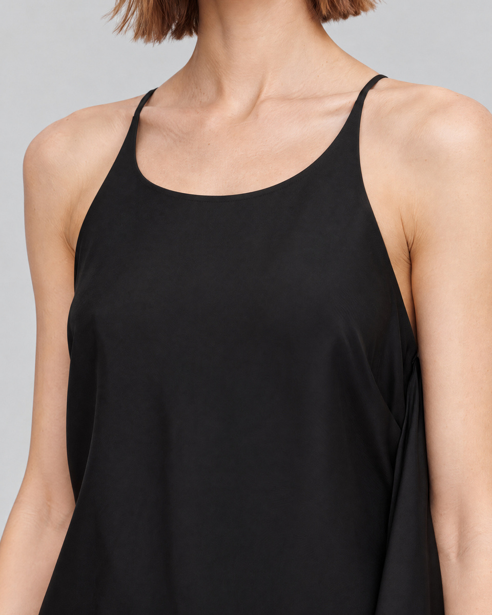 Long black satin dress with a crossover back
