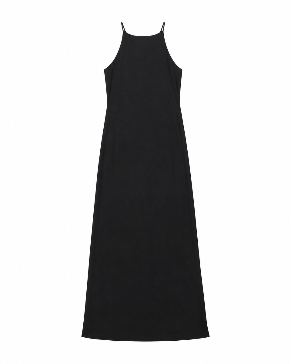 Long black satin dress with a crossover back