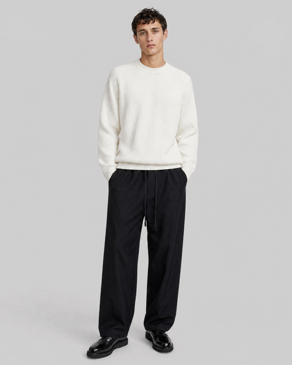 Black straight-leg wool pants