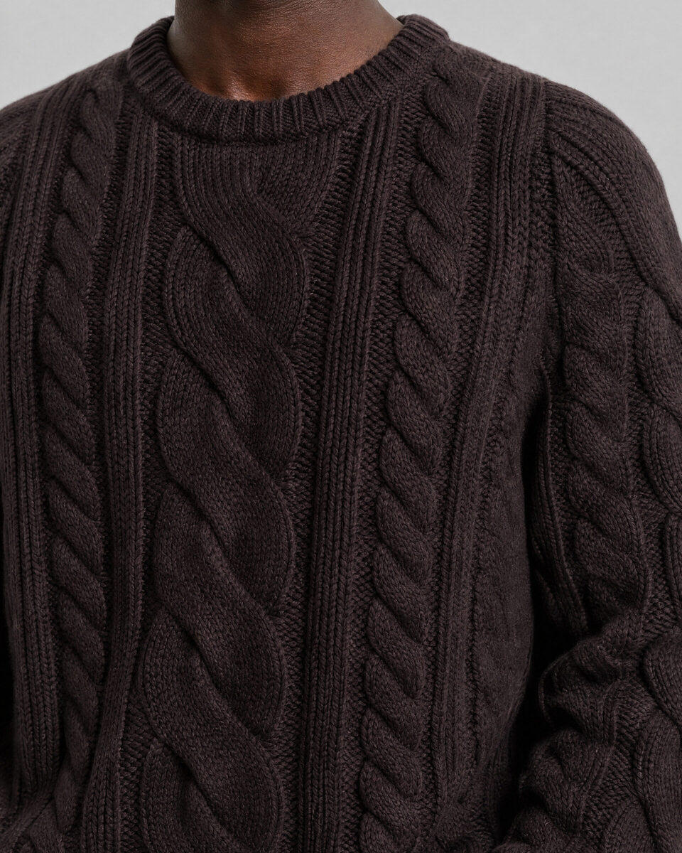 Brown wool cable-knit crew-neck sweater