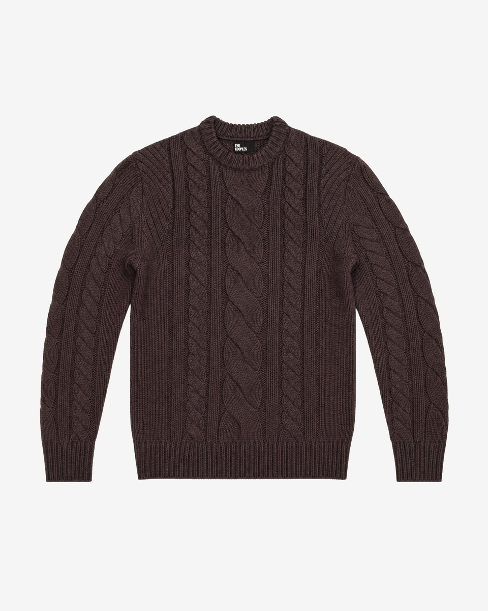 Brown wool cable-knit crew-neck sweater
