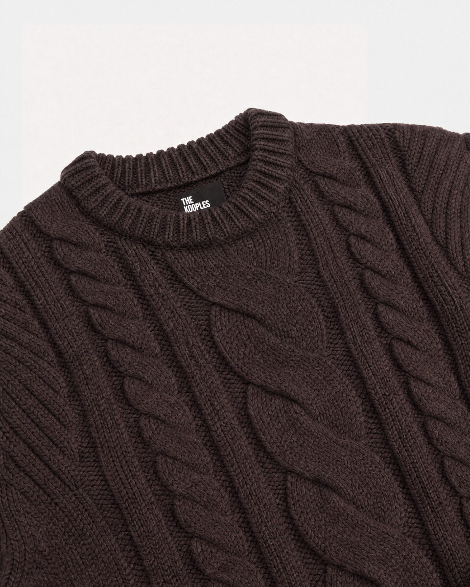 Brown wool cable-knit crew-neck sweater