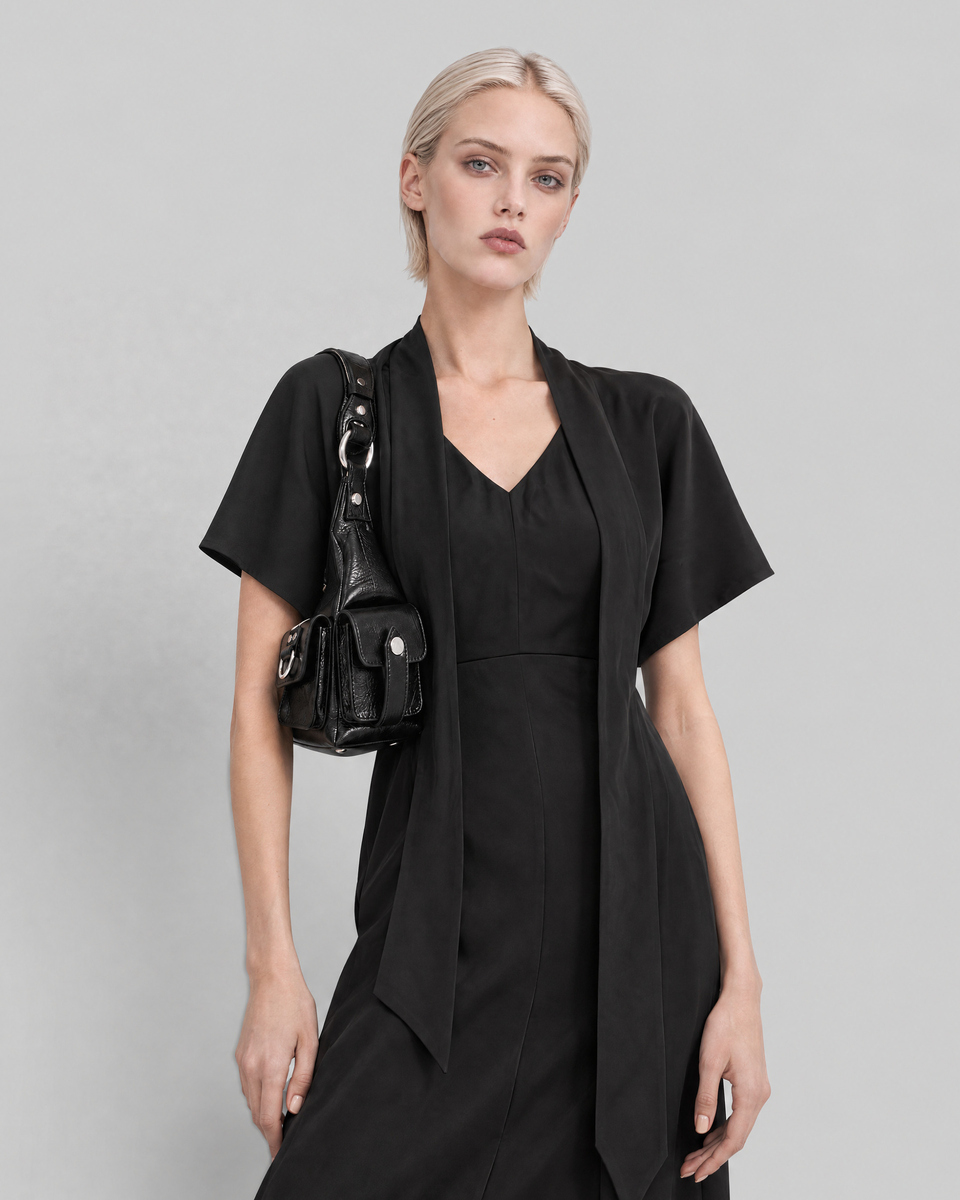 Brown satin maxi dress with a lavalli&egrave;re neckline