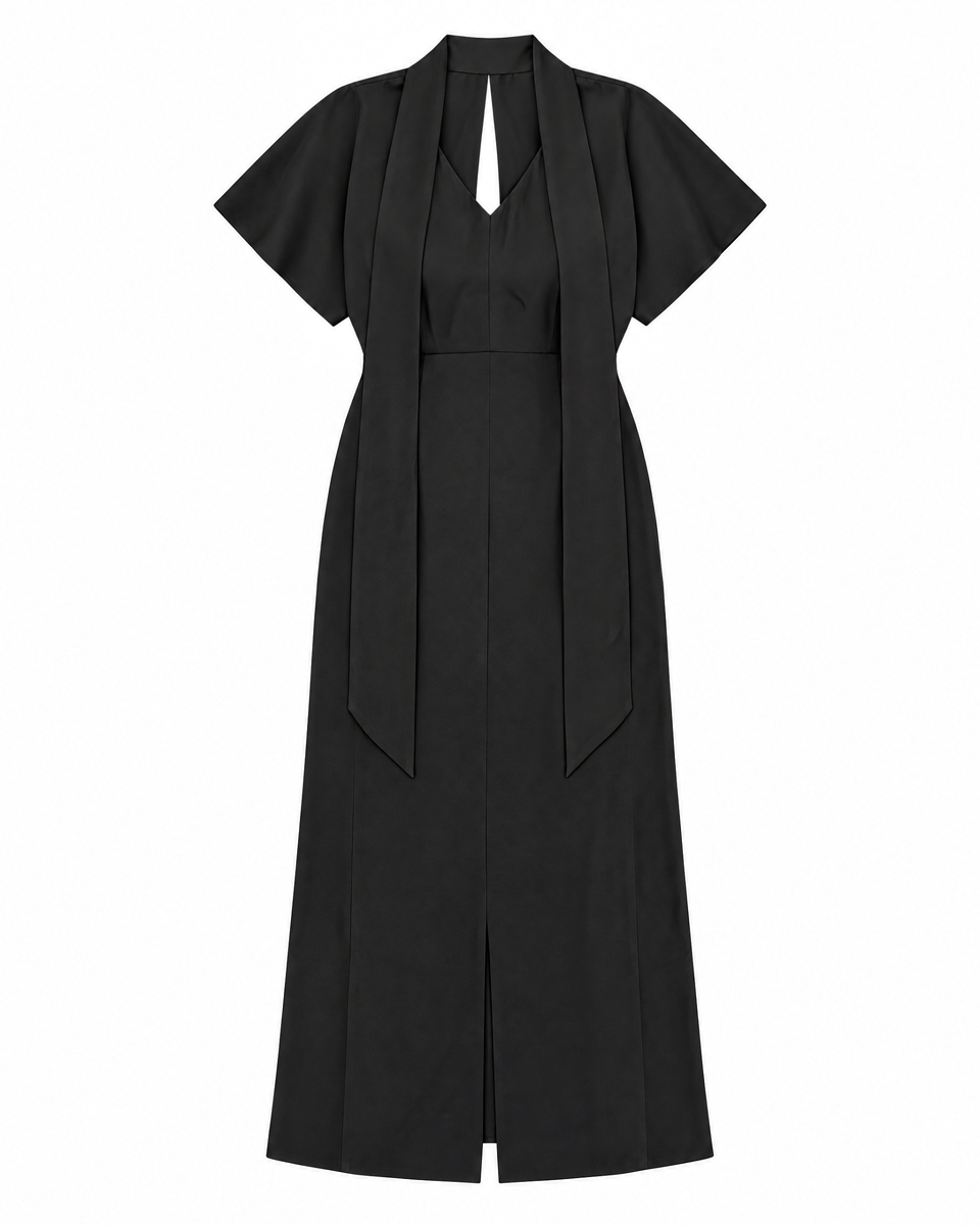 Brown satin maxi dress with a lavalli&egrave;re neckline