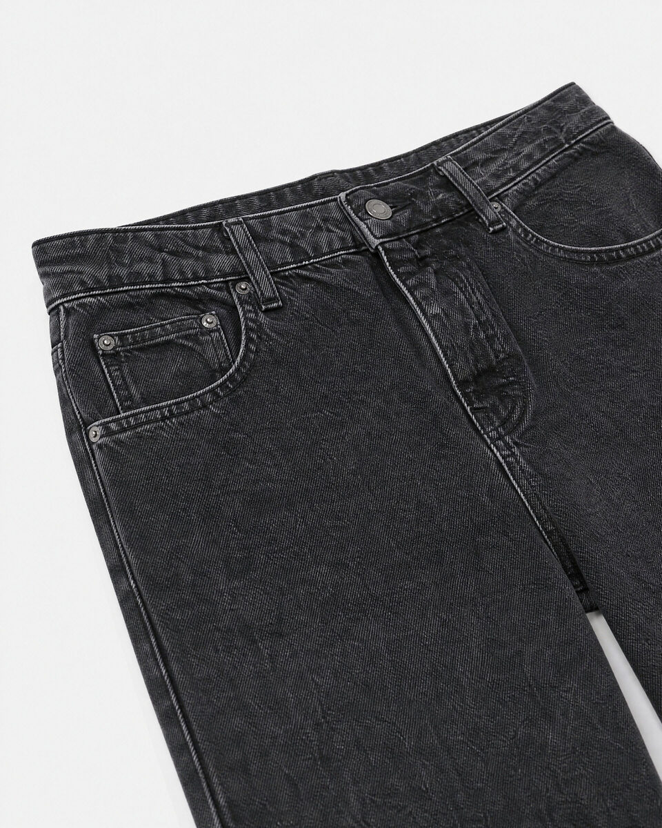 Black straight-leg jeans with a faded wash