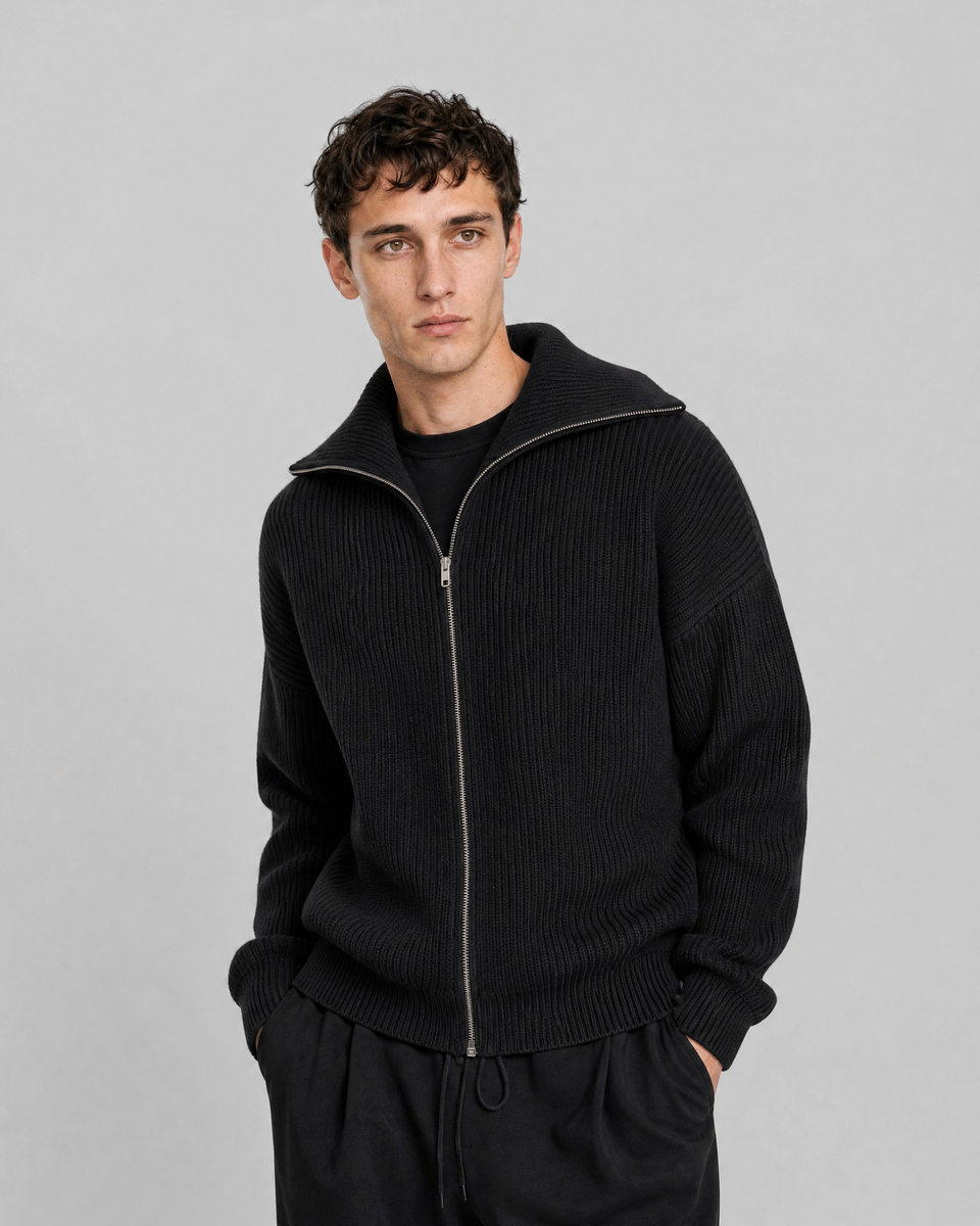 Black wool zip-up cardigan