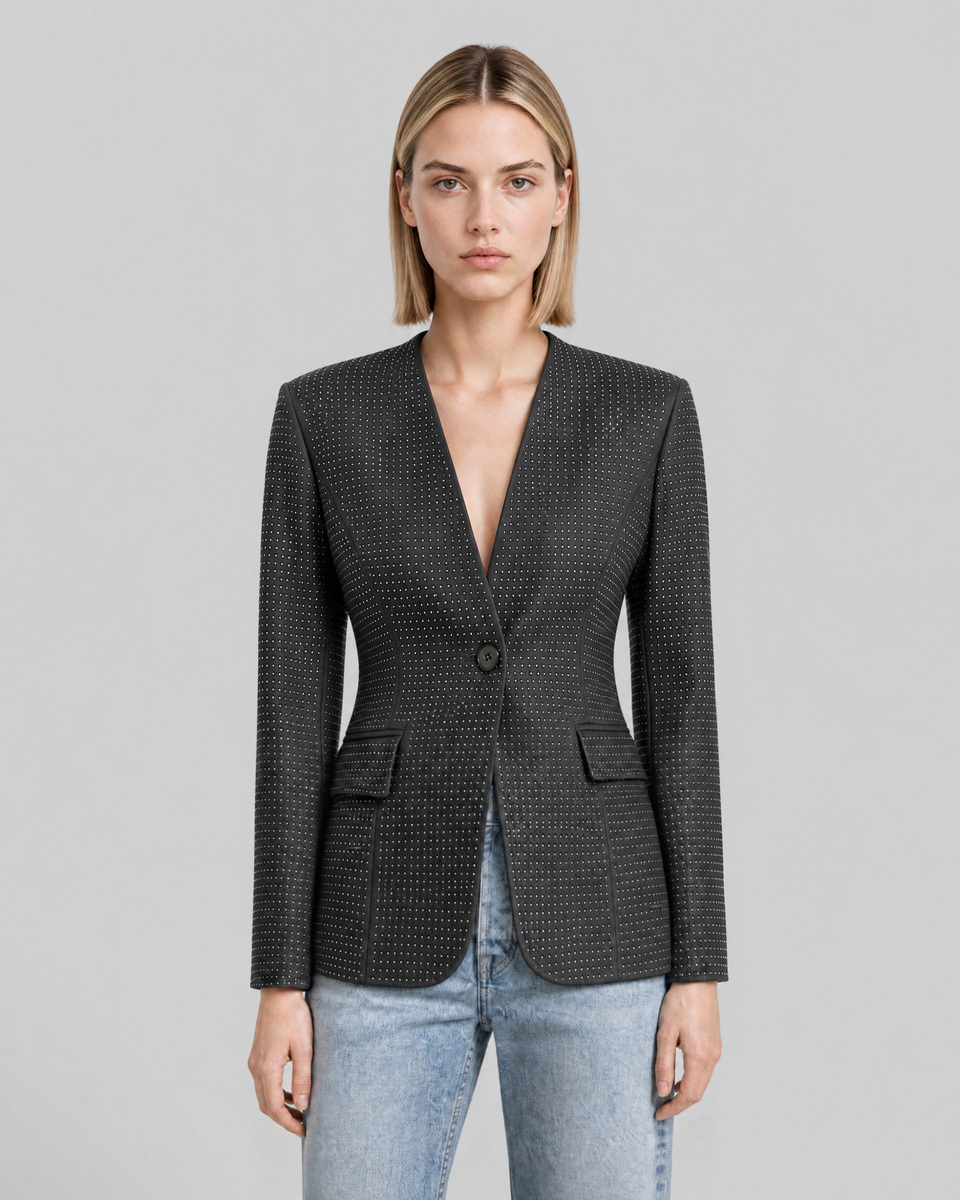 Fitted black wool-blend jacket with rhinestones
