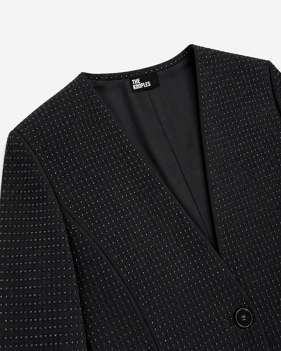 Fitted black wool-blend jacket with rhinestones
