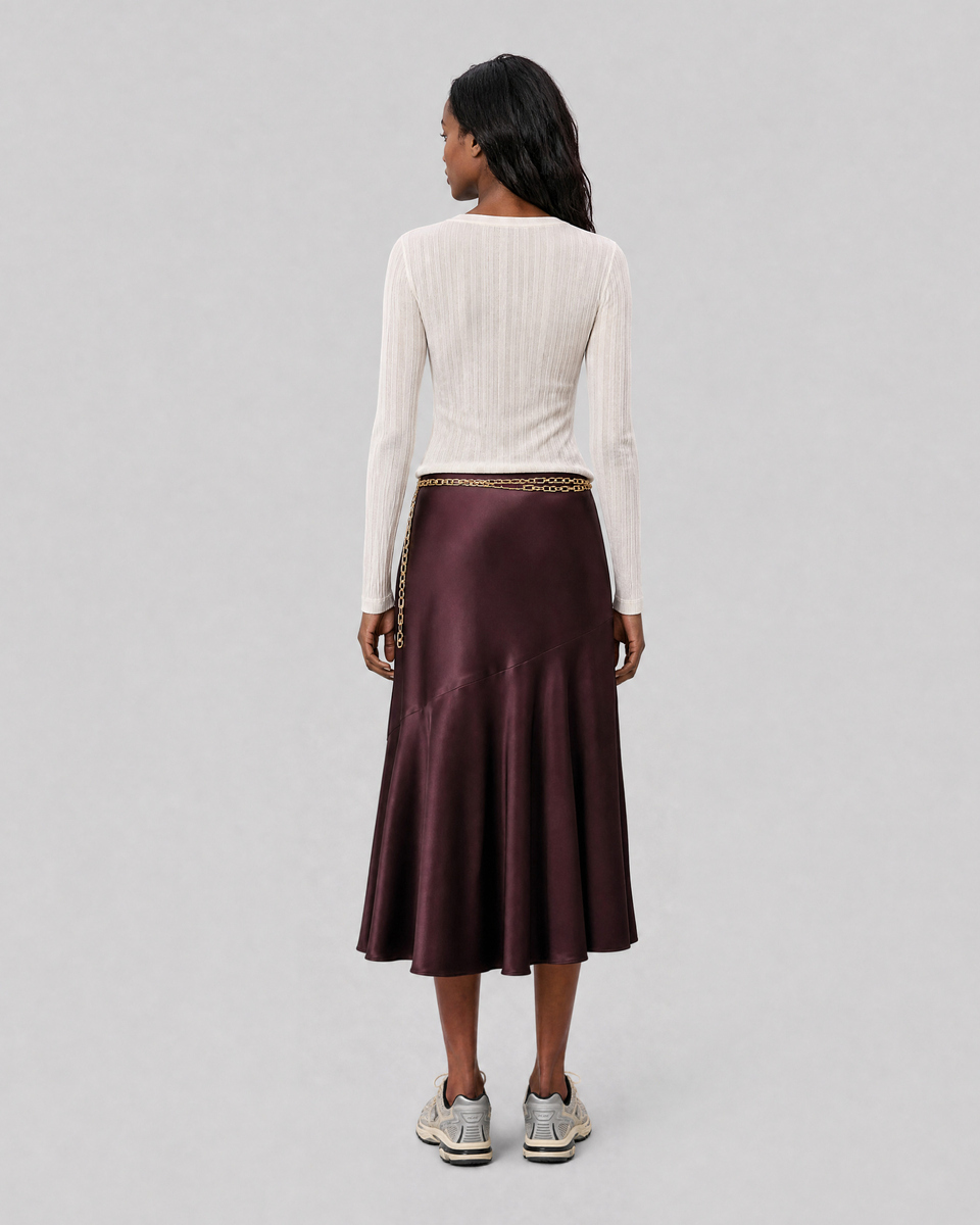 Satin midi skirt with a brown and gold chain