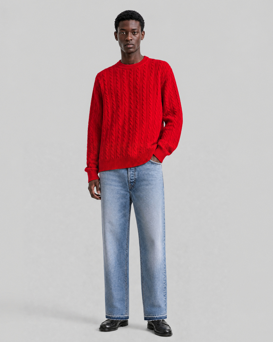 Red Wool Cable-Knit Crew-Neck Sweater