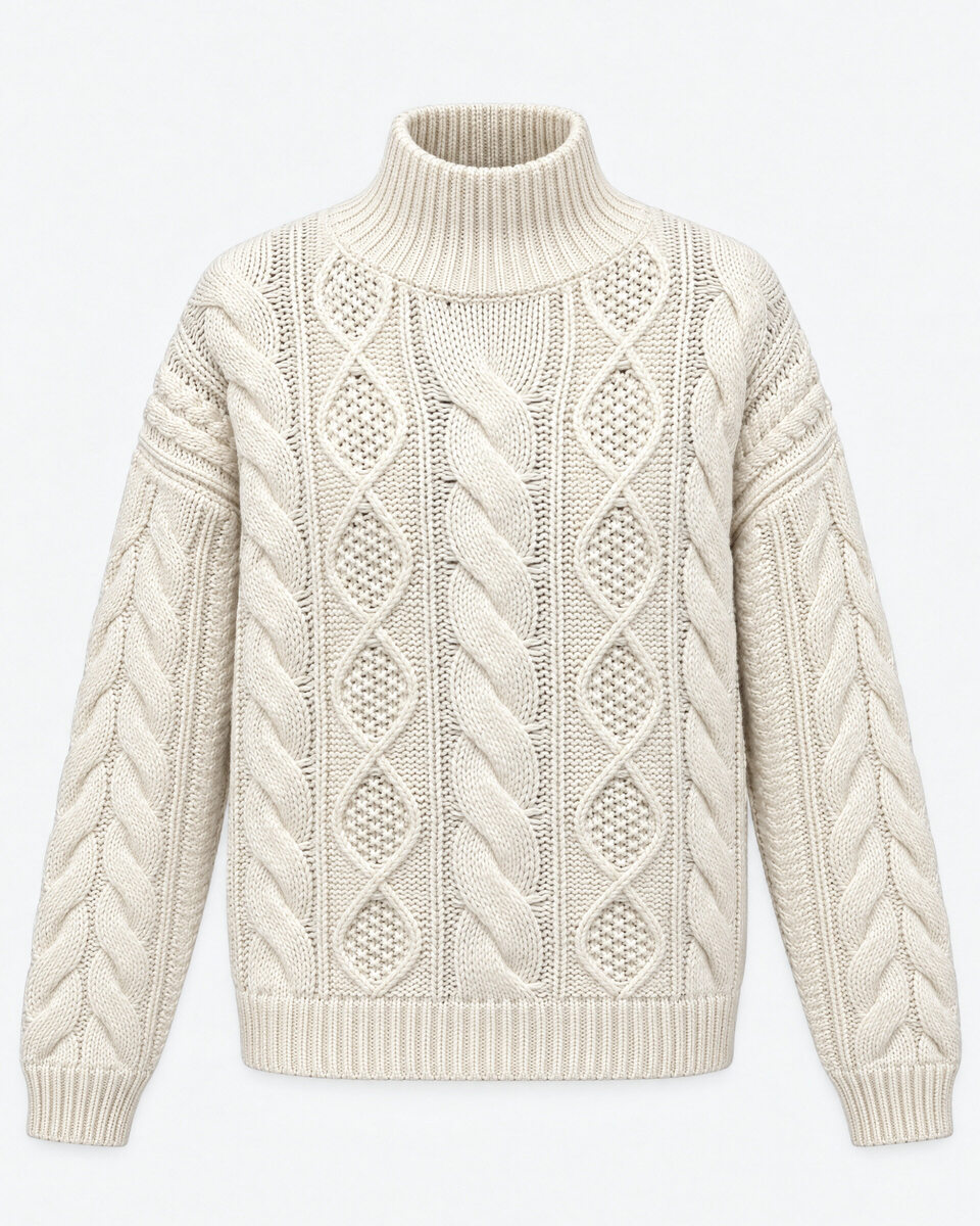 Ecru Merino Wool Cable-Knit Sweater