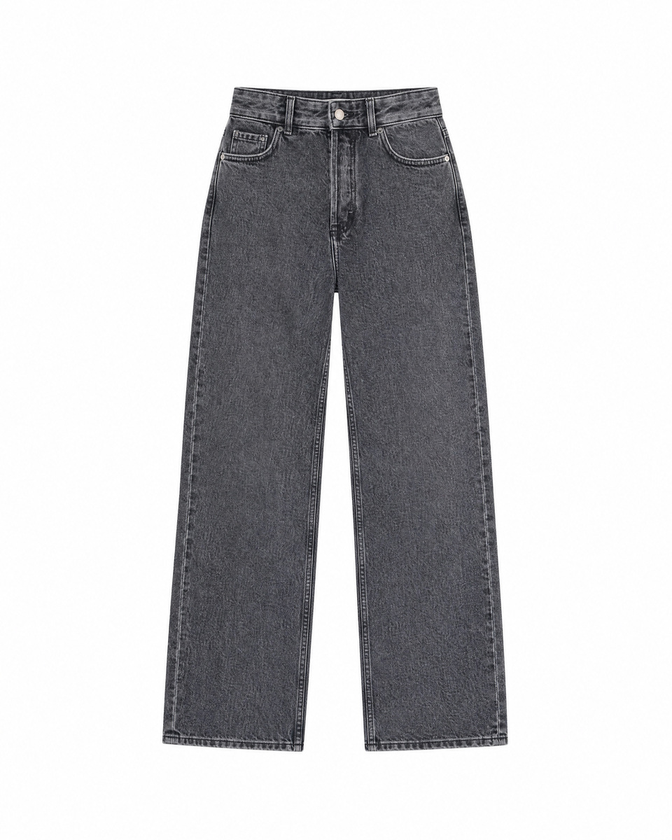 Black straight-leg jeans with a faded wash