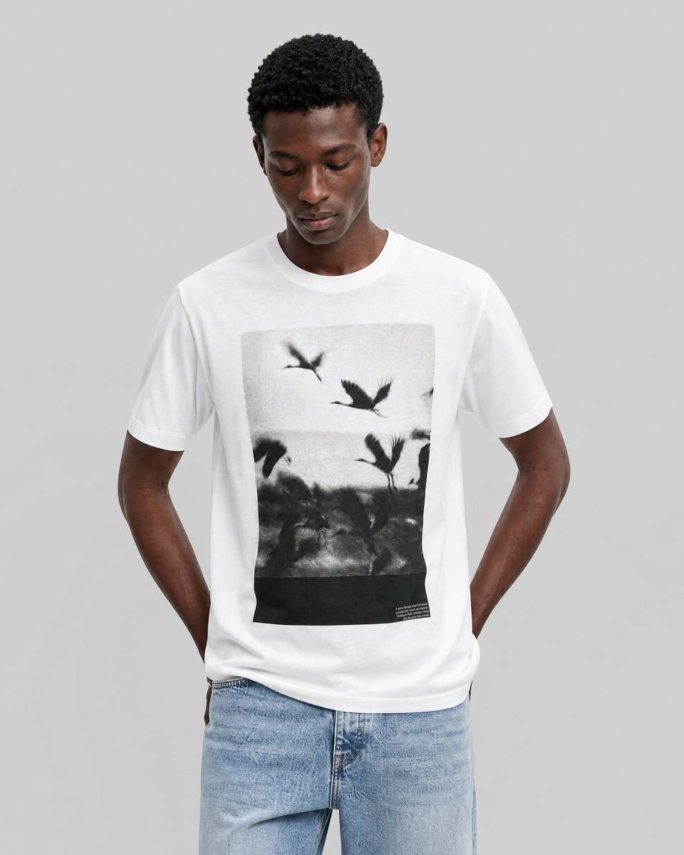 White T-shirt with screen-printed birds