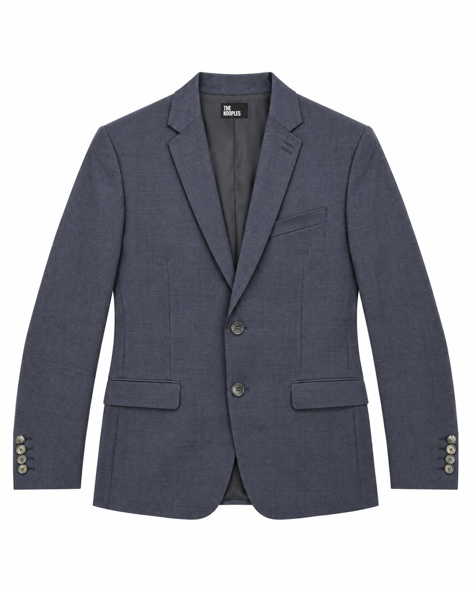 Fitted navy wool tartan suit jacket