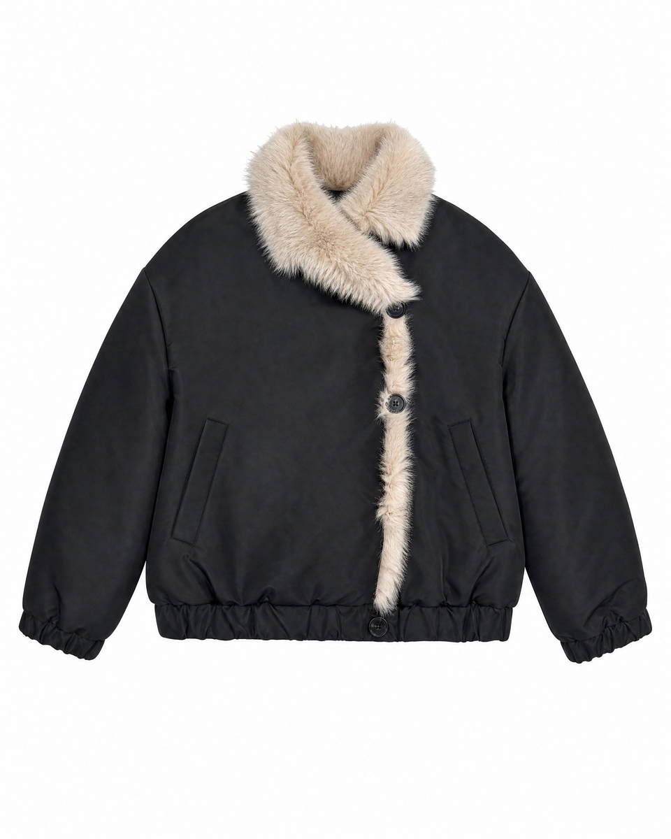 Reversible beige and black faux fur coat