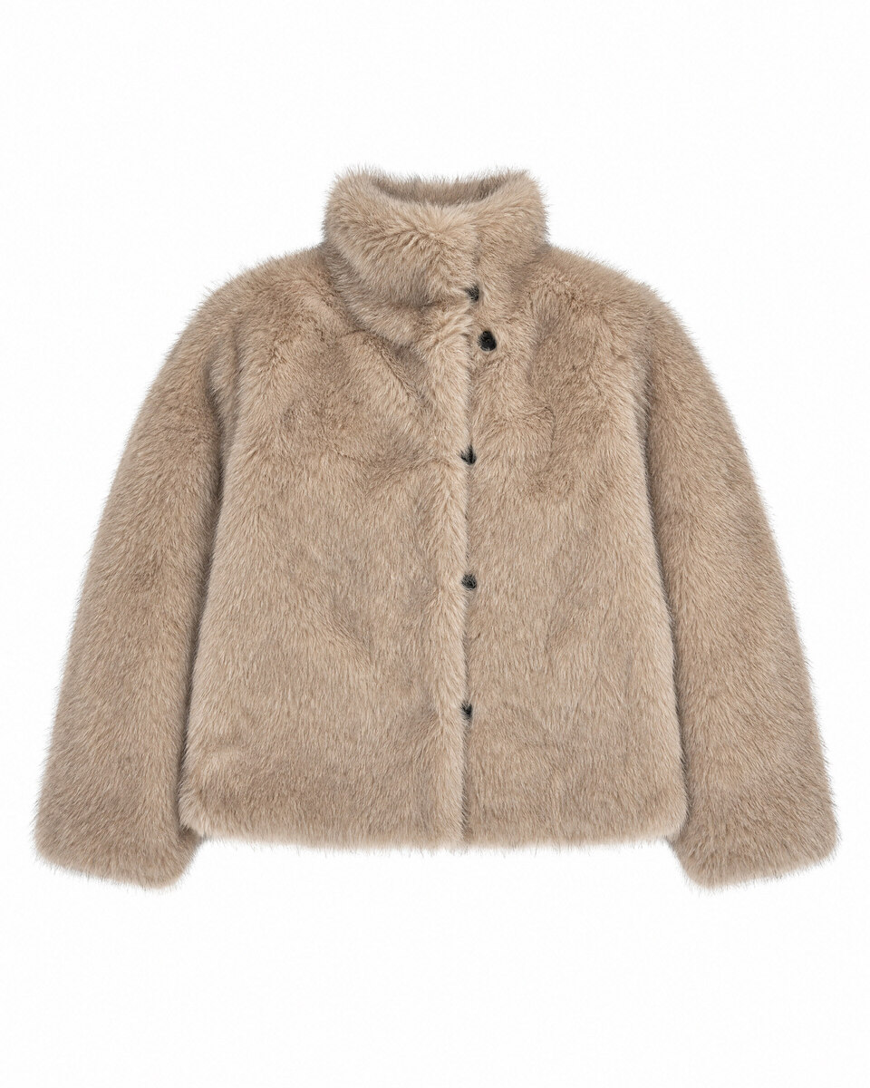 Reversible beige and black faux fur coat