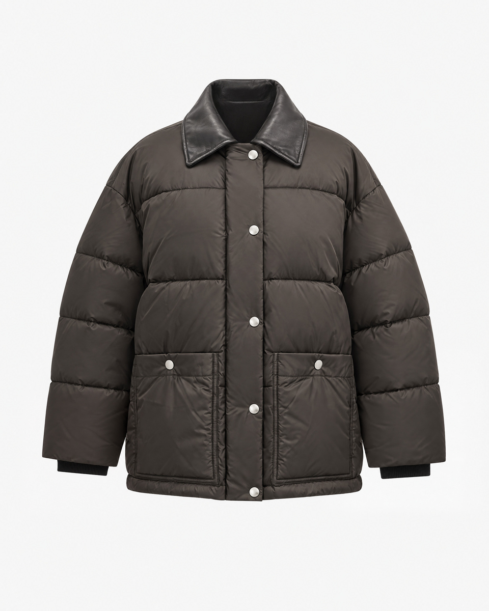 Oversized puffer jacket with brown leather collar